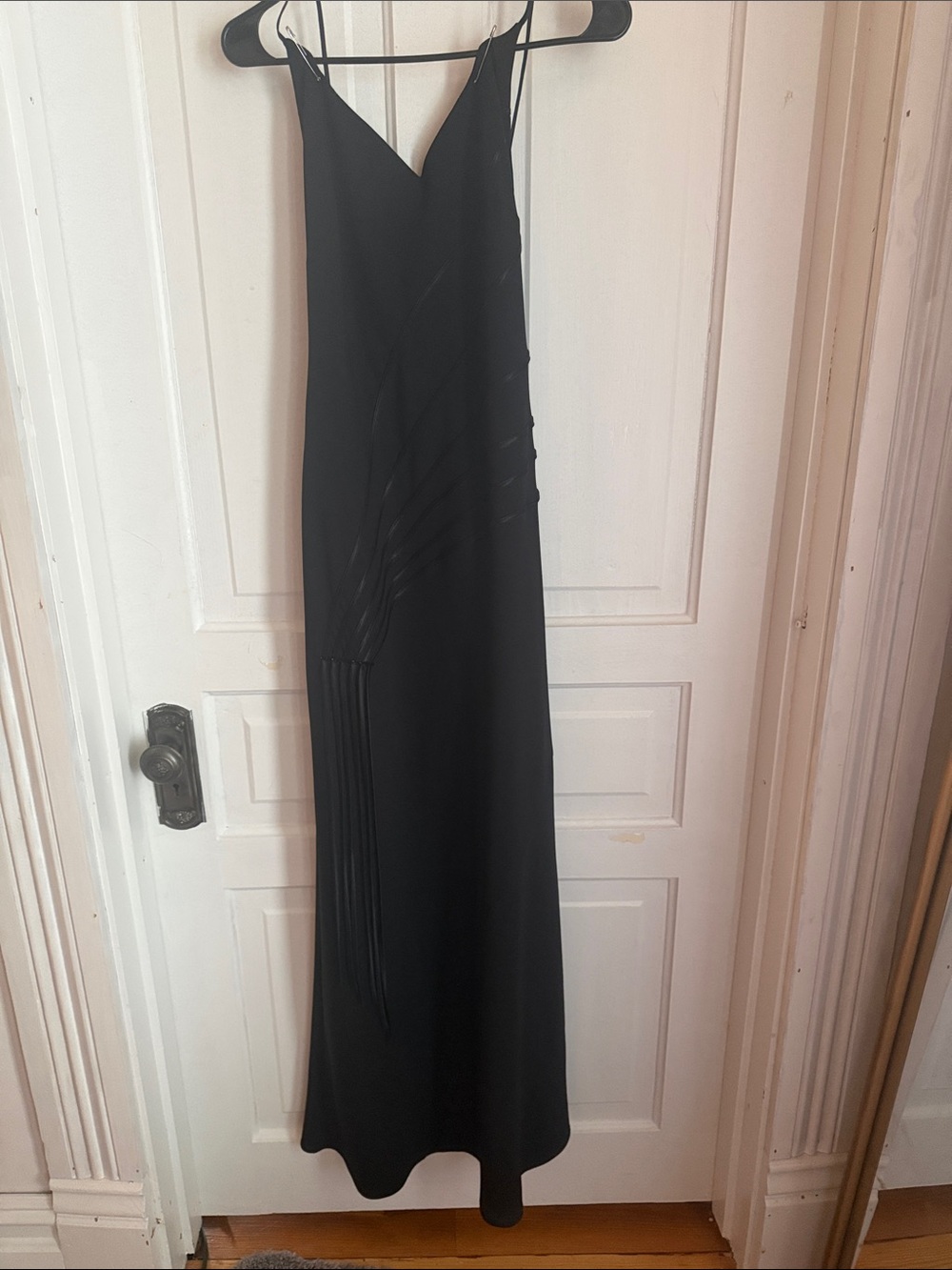 Black V-Neck Long Dress with Thin Straps and Fringe Detail